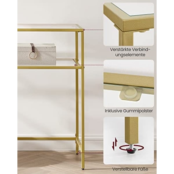 Vasagle -konsolbord, härdat glasbord, modern soffa eller entrébord, guldfärg