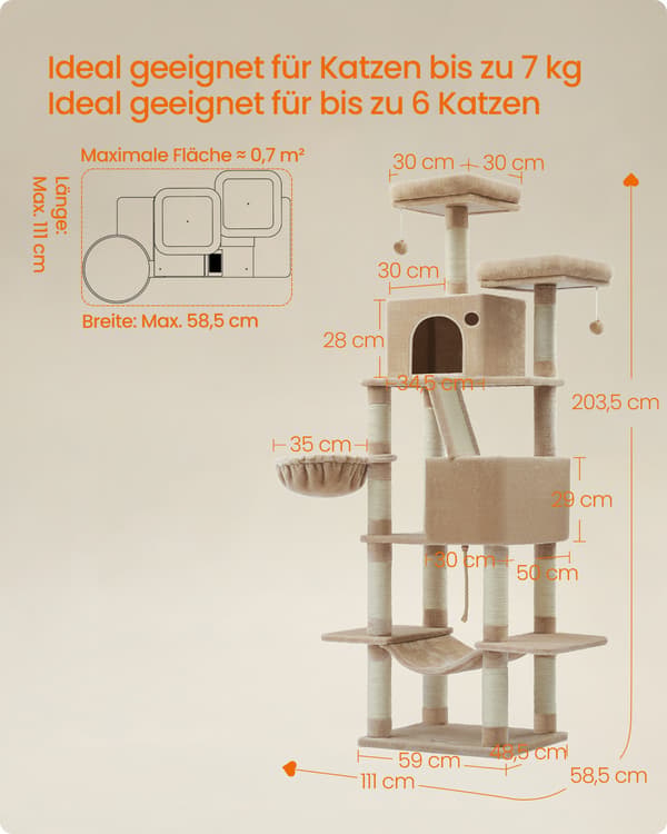 Kradsetræ, 206 cm stort kattetårn, 2 siddepinde, 2 huler, kurv, hængekøje, kamelbrun
