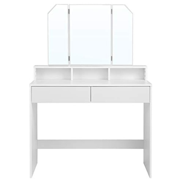Vasagle toiletbord med tri-fold spejl, makeupbord med 2 skuffer og 3 åbne rum, hvid