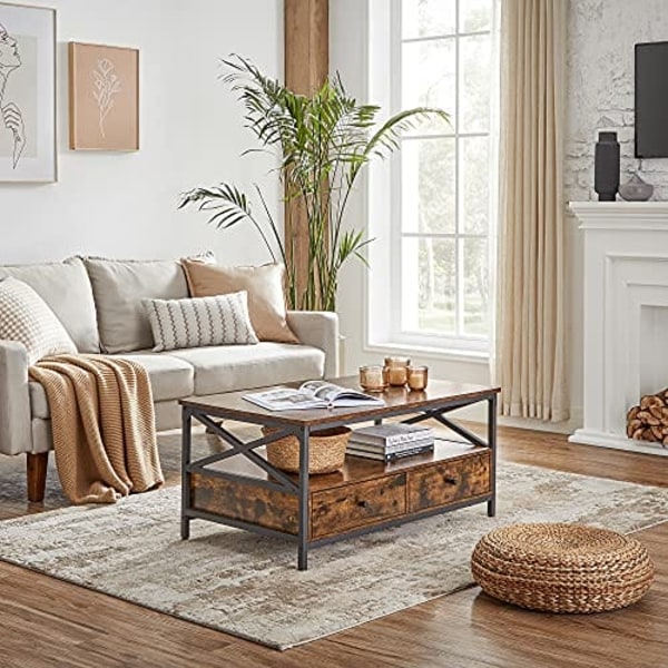 VASAGLE sofabord, stuebord, X-formet stålstel, 100 x 55 x 45 cm, brun og sort