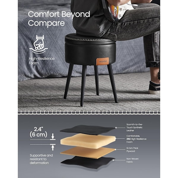 VASAGLE Storage Ottoman, Vanity Chair Pall, Rund Storage Seat, Laster 330 lb, Ink Svart