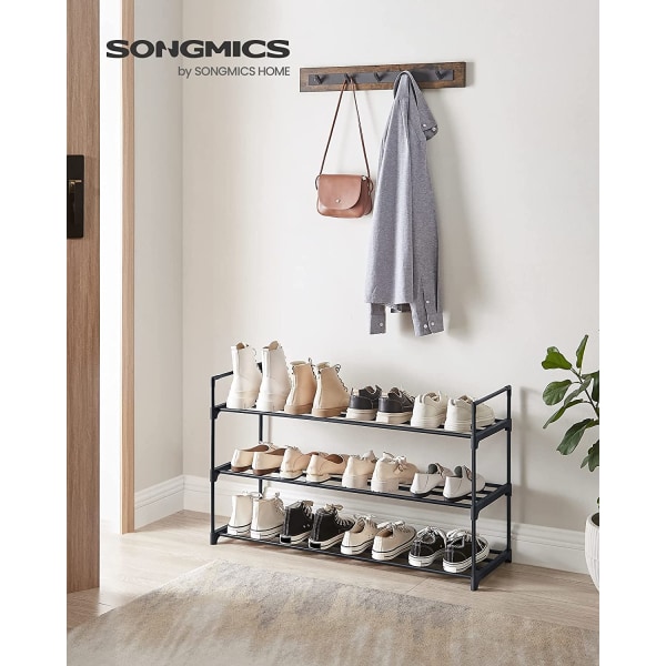 Songmics 3-kerroksinen kenkäteline, kenkäsäilytysjärjestelmä, metallinen säilytysteline, 30 x 92 x 54 cm, musta