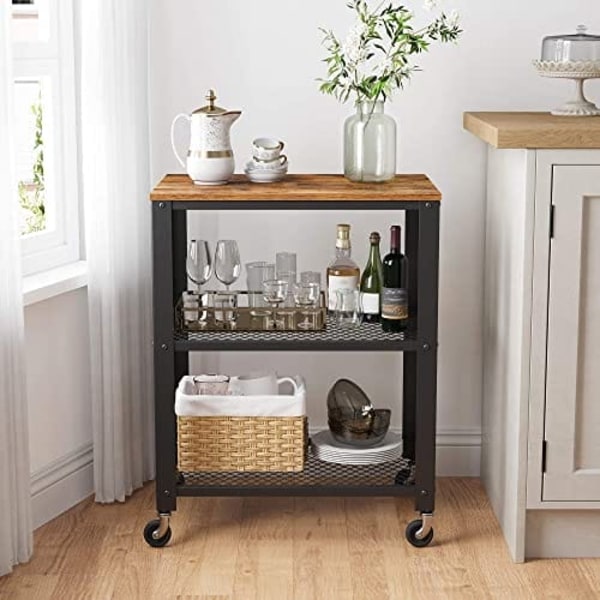 VASAGLE Serveringsvogn, Industrikøkken Rullende Utility Cart, Rustik Brun