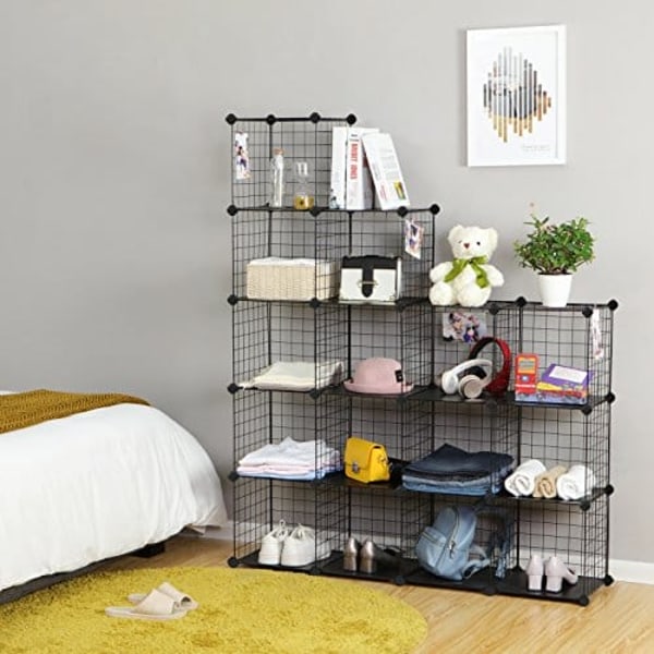 Songmics 16 Cube Metal Wire Storage Organizer, DIY-garderobe og modulære hyldeenheder, sort