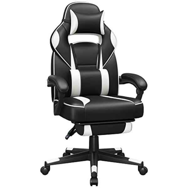 Songmics Racing Gaming Chair, justerbar kontorsstol med fotstöd, nackstöd, ländstöd, svartvitt