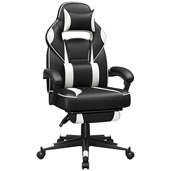 Songmics Racing Gaming Chair, justerbar kontorstol med fodstøtte, nakkestøtte, lændestøtte, sort og hvid