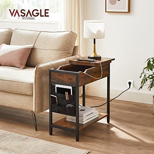 Vasagle sidebord, sammenklappeligt sengebord med stikkontakt, sammenklappelig bordplade, brun sort