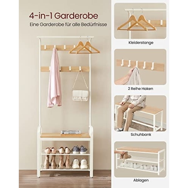 VASAGLE tøjstativ, tøjstativ med skoopbevaringsskammel, 4-i-1-design, eg og creme