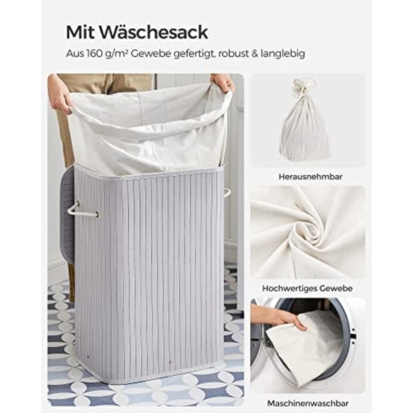 Songmics rektangulær vasketøjskurv, bambus vasketøj med 3 håndtag, 40 x 30 x 60 cm, grå