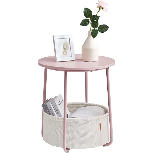 Vasagle sidebord, rundt bord med stofkurv, sengebord, pastel pink/sky hvid