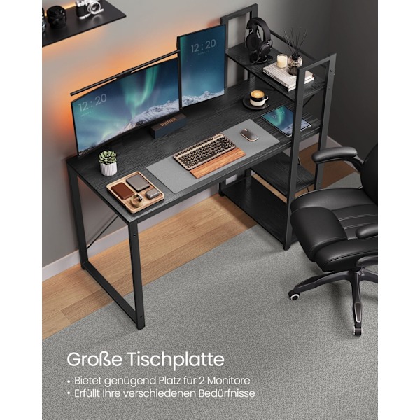 VASAGLE Computerbord, Skrivebord med opbevaringshylder, 120 cm bredt, Ebony Sort