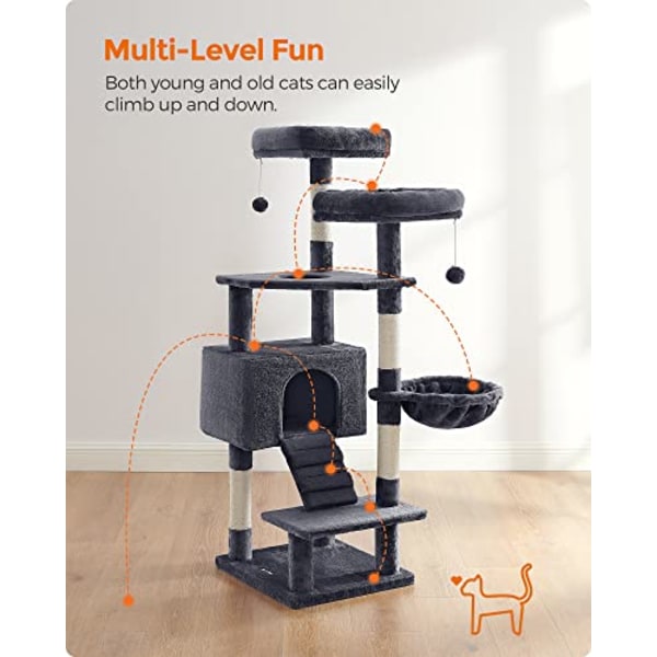 Feandrea Cat Tree, Cat Tower 142 cm, Cat Activity Center, Smoky Grey