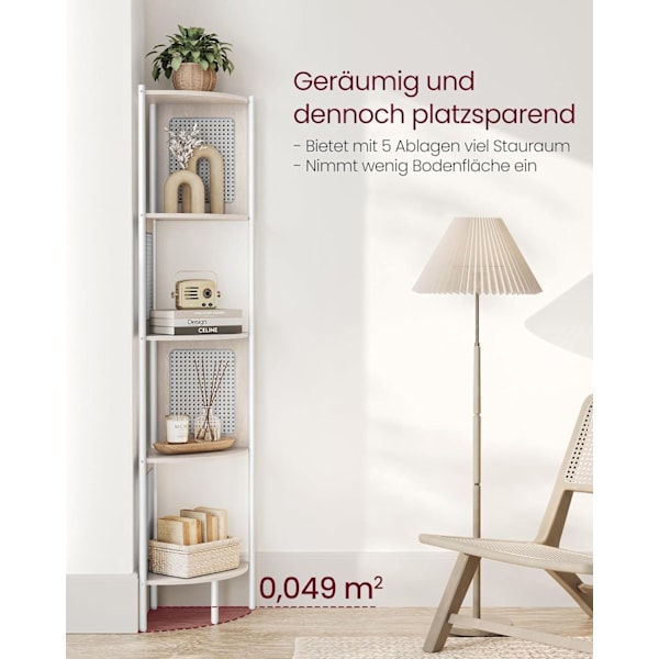 5-etagers Hjørnehylde Bogreol med Rattan Sidepaneler Stående Hylde Metalramme Til Stue Soveværelse Studiekøkken 31,75 X 31,75 X 156 cm, Havregryn Beige