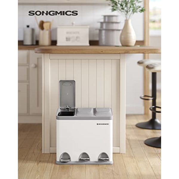 Songmics Pedalspand, 3 x 8L affaldssortering, 3-fags metalaffaldsspand, stål, hvid og grå