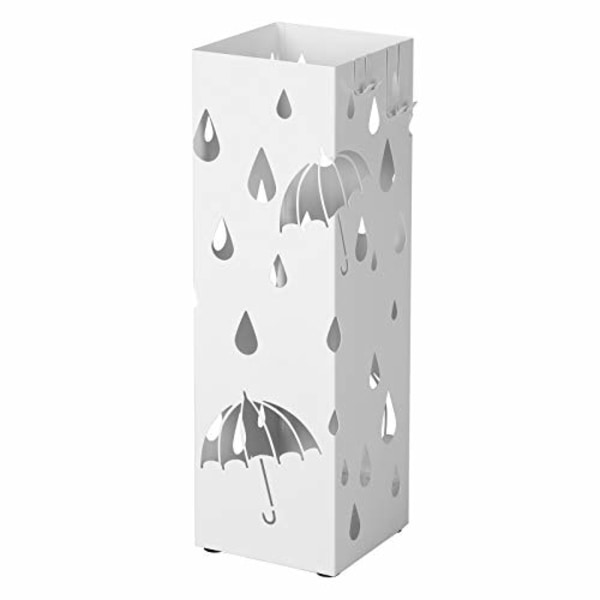 Songmics Metal Paraply Stand, fyrkantig paraplyhållare med droppfack och 4 krokar, vit