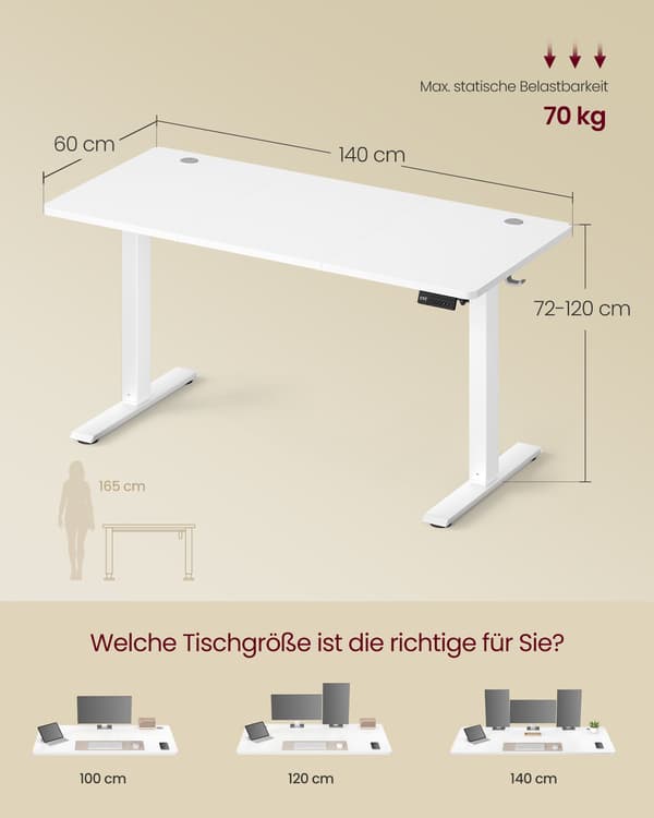 Elektrisk skrivebord, computerbord, hukommelsesfunktion, til kontor, 140 x 60 cm, Cloud White