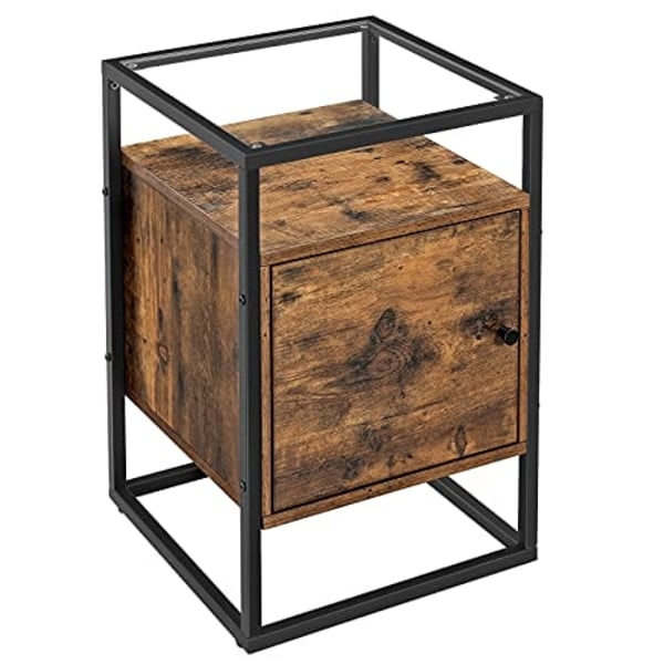 Vasagle natbord, sengebord, glas sidebord med skab, rustik brun