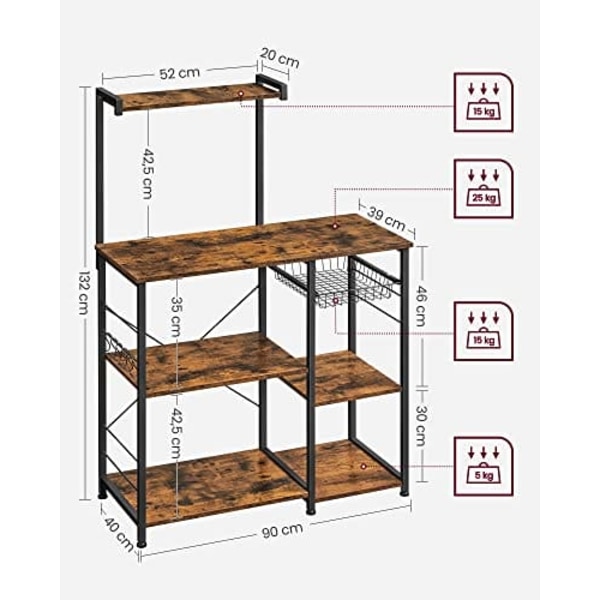 VASAGLE Baker's Rack hyllyillä, mikroaaltouunin telineellä ja lankakori, rustiikkisen ruskea