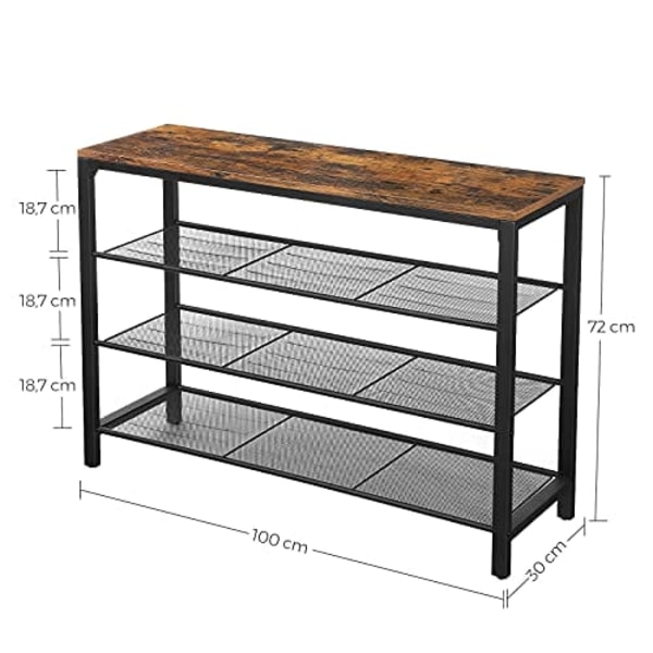 Vasagle sko rack, skosarrangör med 3 mesh hyllor, för hall, rustikbrun