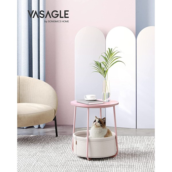 Vasagle sidebord, rundt sidebord med stofkurv, sengebord, pastelrosa/skyhvid