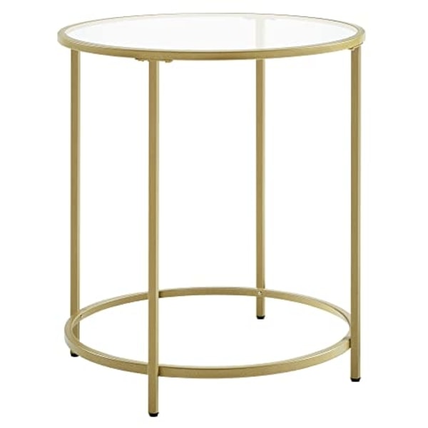 Vasagle rundt sidebord, hærdet glas sofabord med gylden metalram, lille sofabord, guld