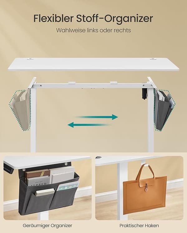 Højdejusterbart elektrisk skrivebord, 60 x 140 x 72–120 cm, hukommelsesfunktion, Cloud White