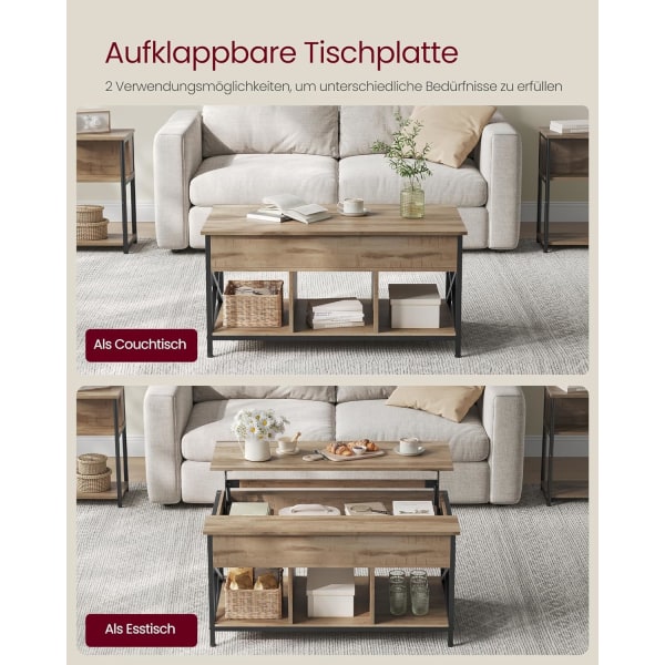 Vasagle sofabord, højdejusterbart stuebord, 60 x 100 x (48-62) cm, kamelbrun/sort
