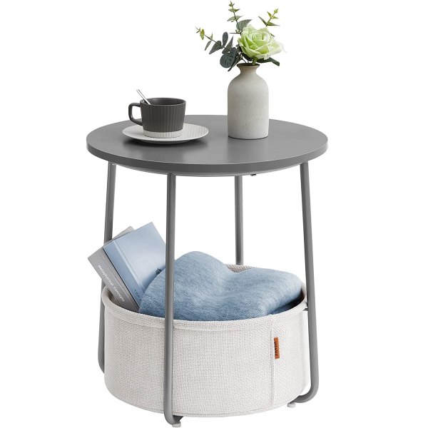 Vasagle sidobord, rundtagbord med tygkorg, sängbord, grå cement och vitt