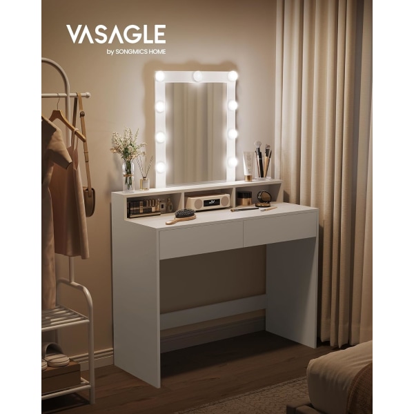 VASAGLE Toiletbord, LED lys med justerbar lysstyrke, Makeup Station, Moderne, Hvid