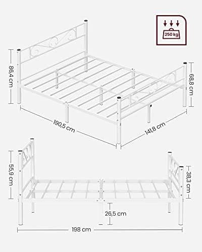 Vasagle  dubbelsäng ram metall sängram passar 140 x 190 cm madrass, vit