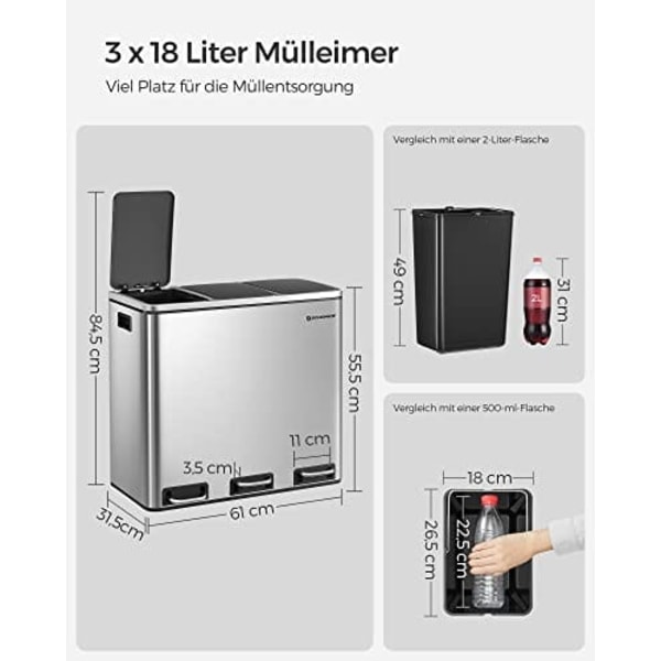 SONGMICS kierrätysastia, 3 x 18 L kolminkertainen keittiöastia, 3-lokeroinen poljinroskis, hopea