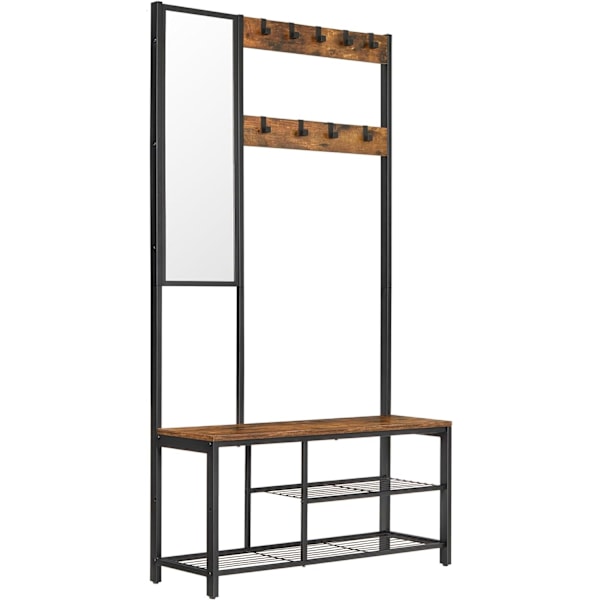 Vaateteline, Eteiskalusteet, Peili, Kenkähylly Ja Hyllyt, 36 X 98 X 185 Cm, Ruskea Ja Musta