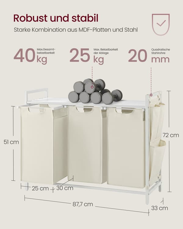 Tvättkorg med hyllplan, 3 x 40 liter (10,6 gallon)