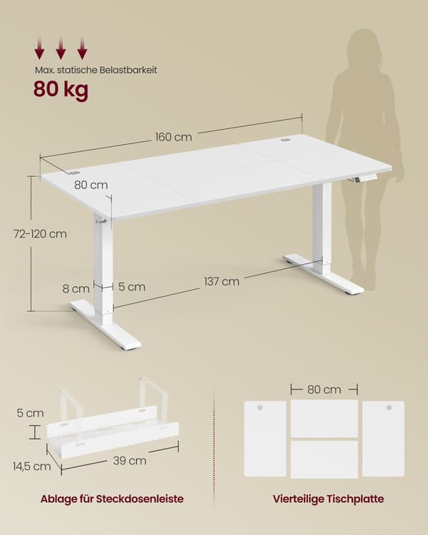 Skrivbord Höjdjusterbart , 160 x 80 cm, USB-C-port