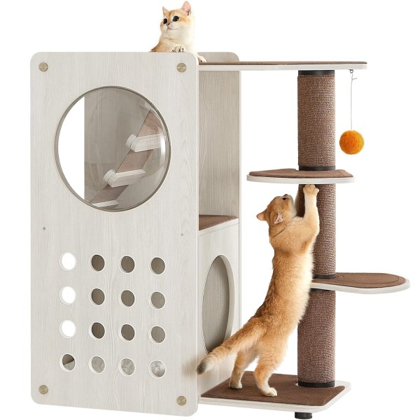 Feandrea Clickat Cat Tree, Modern Cat Tower, Cat House, Oatmeal Brown og Coffee Brown