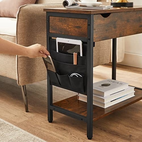 Vasagle sidebord, sammenklappeligt sengebord med stikkontakt, sammenklappelig bordplade, brun sort