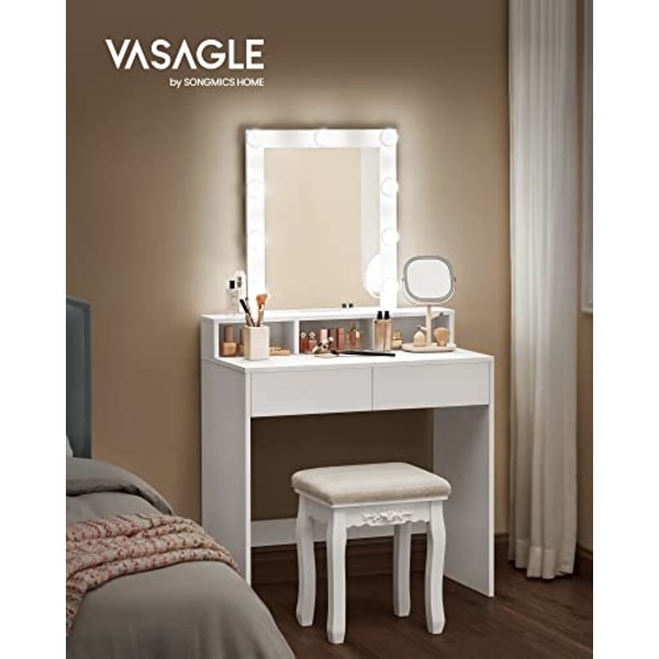 VASAGLE Toiletbord (Vanity) 145 x 80 x 40 cm, LED lys med justerbar lysstyrke, Hvid