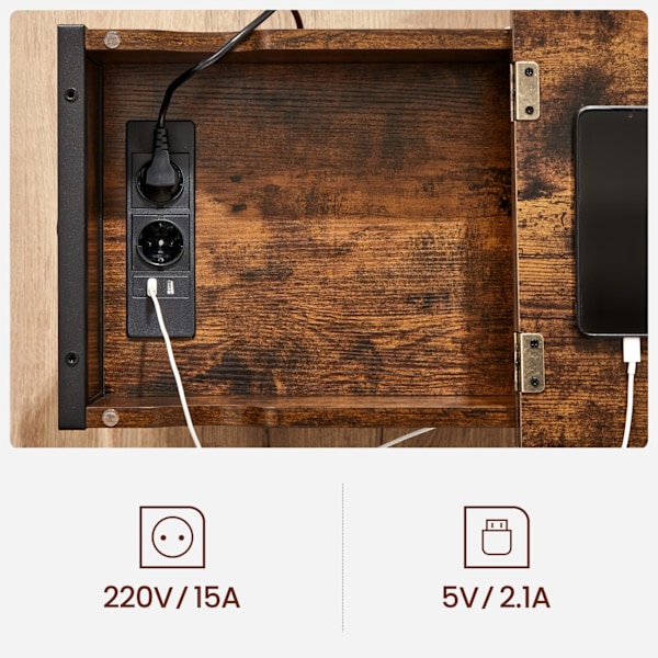 Vasagle sidebord, sammenklappeligt sengebord med stikkontakt, sammenklappelig bordplade, brun sort