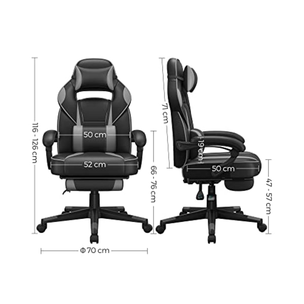 Songmics Gaming Stol, Skrivbordsstol med fotstöd, kontorsstol svart + grå