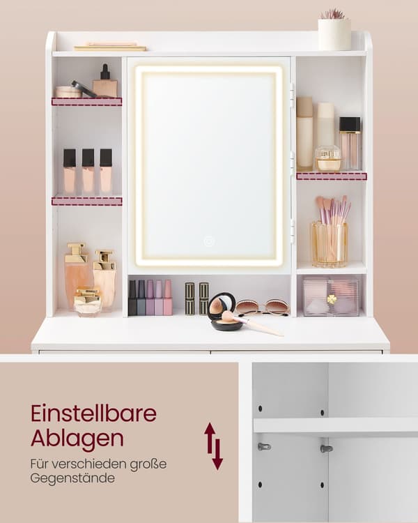 Sminkbord med LED-belysning, justerbar ljusstyrka, modern molnvit
