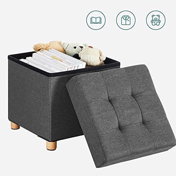Songmics Sammenklappelig Cube Ottoman opbevaring og fodskammel med træfødder og låg Grå
