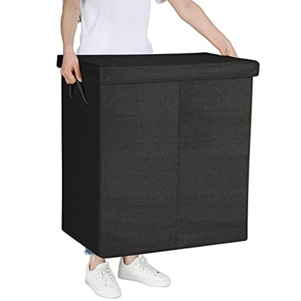 Songmics 142L vasketøjskurv, Linenette Fabric Vasketøjskurv, opdelt tøjvask sort