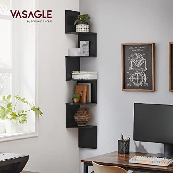 Vasagle hjørnehylde, væghylde, 5 niveauer, zigzag flydende hylde, bogreol, sort