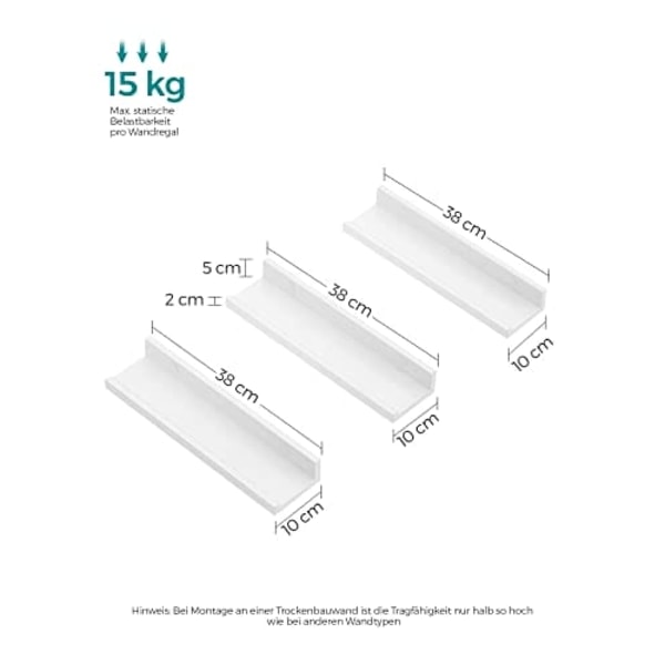 Songmics Wall Shelf 3 Set flytande hyllor Ledge för bildramar och böcker, Vit