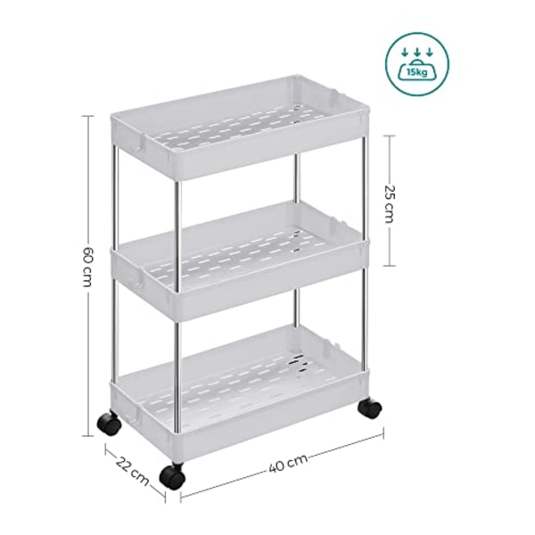 Songmics 3-lagers förvaringsvagn, köksvagn på hjul, 42 x 22,5 x 61 cm, vit