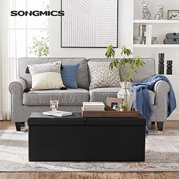 Songmics 120L sammenklappelig ottoman bænk, opbevaringsboks opbevaringskube, sort 110 x 38 x 38 cm