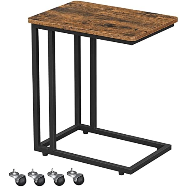 Vasagle End Table, sidobord, soffbord, med stålram och hjul, rustikbrun och svart