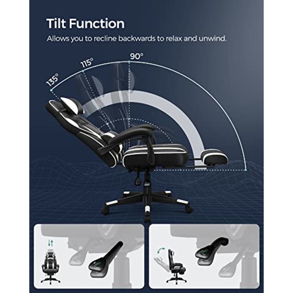 Songmics Racing Gaming Chair, justerbar kontorsstol med fotstöd, nackstöd, ländstöd, svartvitt