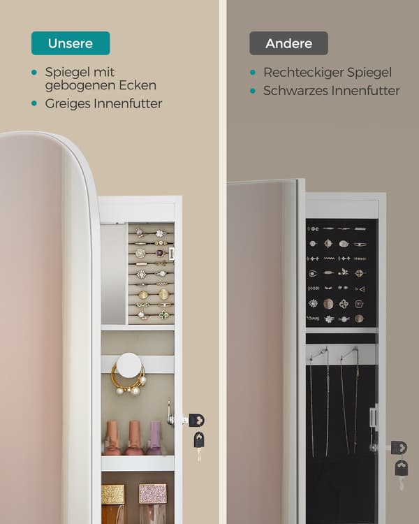 Spegel med Smyckesförvaring, Led Spegel Smyckesskåp Vägg-/dörrmonterad, Vit, Greige Foder