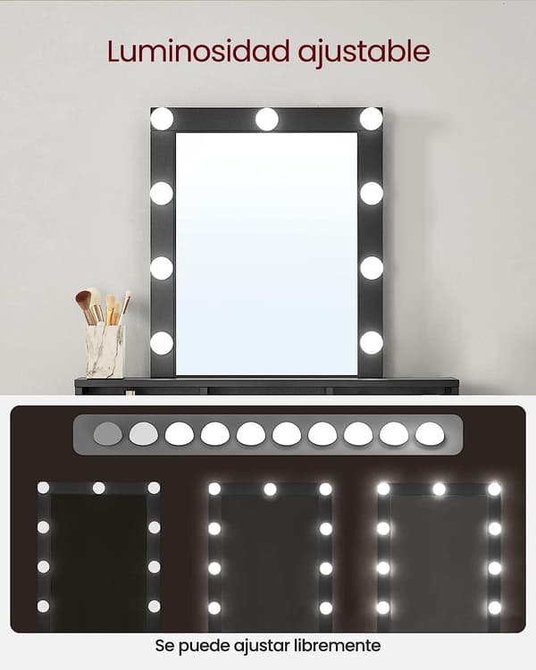 VASAGLE Sminkbord, LED-lamper, Sminkbord med spejl, Moderne, Sort